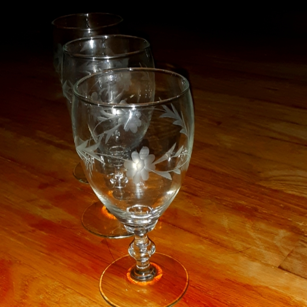 3- Custom Made Floral Cut Glass Wine Glasses